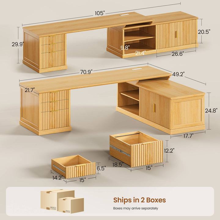 SEDETA | 70.9 Inch Fluted  L Shaped Computer Desk with Power Outlet Home Office Desk with Storage Cabinet and Storage Shelves L Shaped Desk with Drawers