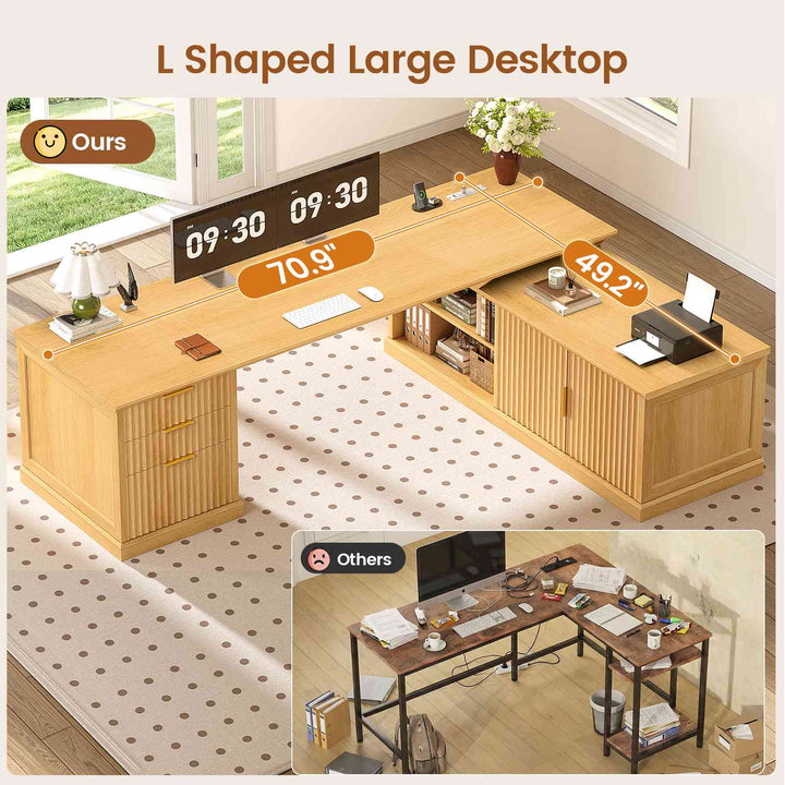 SEDETA | 70.9 Inch Fluted  L Shaped Computer Desk with Power Outlet Home Office Desk with Storage Cabinet and Storage Shelves L Shaped Desk with Drawers
