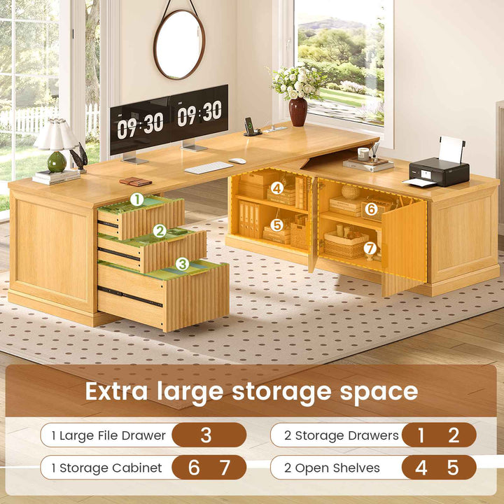 SEDETA | 70.9 Inch Fluted  L Shaped Computer Desk with Power Outlet Home Office Desk with Storage Cabinet and Storage Shelves L Shaped Desk with Drawers