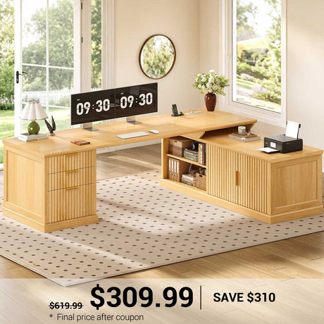 SEDETA | 70.9 Inch Fluted  L Shaped Computer Desk with Power Outlet Home Office Desk with Storage Cabinet and Storage Shelves L Shaped Desk with Drawers