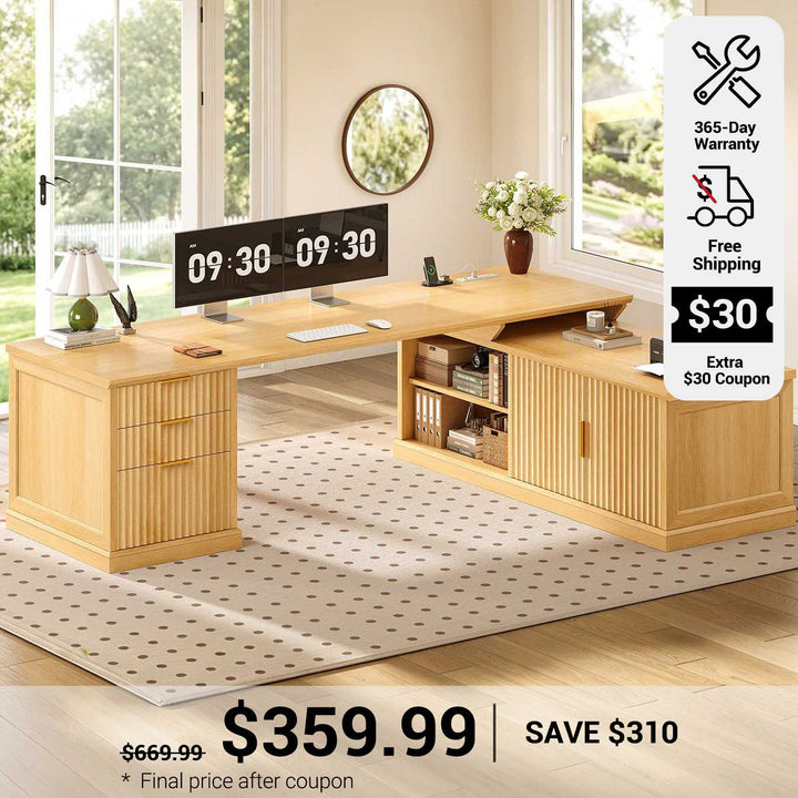 SEDETA 70.9 Inch Fluted L Shaped Desk with Drawers Fluted Home Office Desk with Storage Cabinet and Storage Shelves L Shaped Computer Desk with Power Outlet