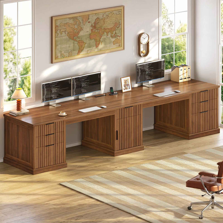 SEDETA 110.3 Inch Fluted Two Person Desk with 7 Drawers Fluted Long Computer Desk with Storage Cabinet 2 Person Desk with Power Outlets