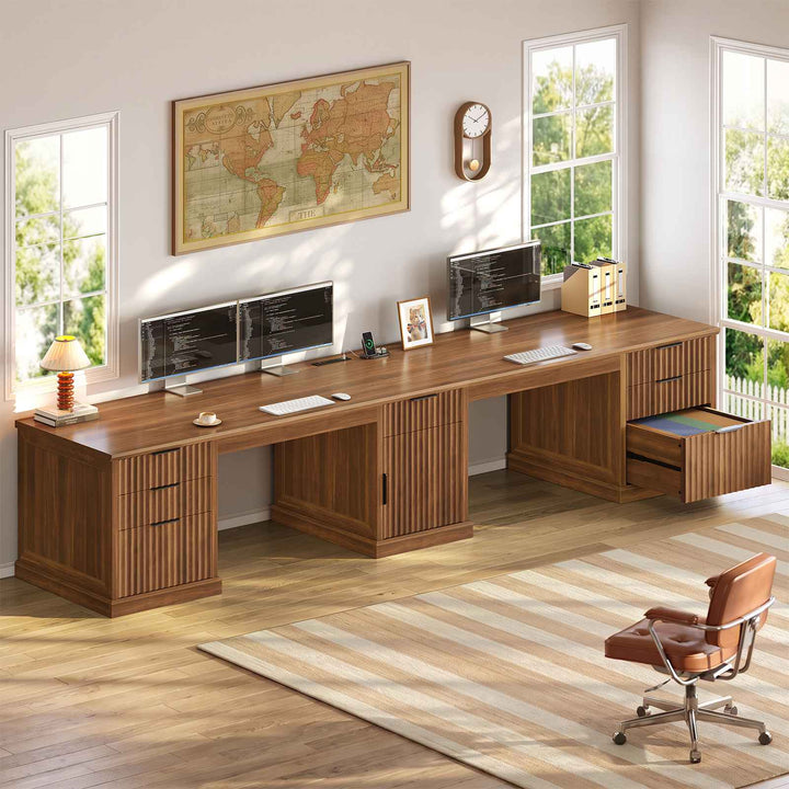 SEDETA 110.3 Inch Fluted Two Person Desk with 7 Drawers Fluted Long Computer Desk with Storage Cabinet 2 Person Desk with Power Outlets