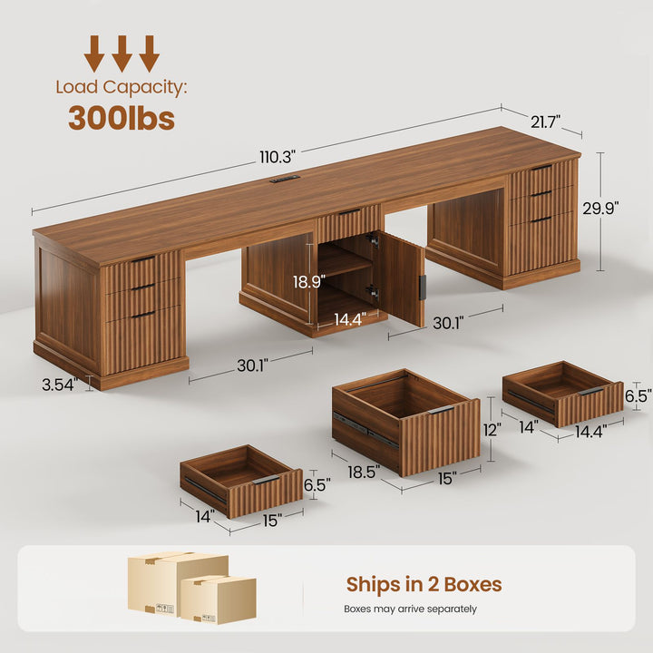SEDETA 110.3 Inch Fluted Two Person Desk with 7 Drawers Fluted Long Computer Desk with Storage Cabinet 2 Person Desk with Power Outlets