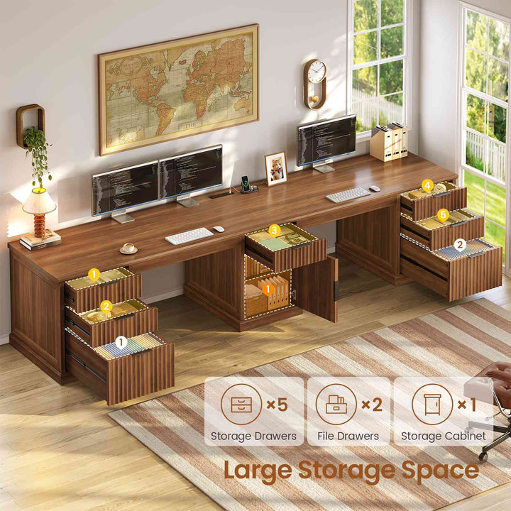SEDETA 110.3 Inch Fluted Two Person Desk with 7 Drawers Fluted Long Computer Desk with Storage Cabinet 2 Person Desk with Power Outlets