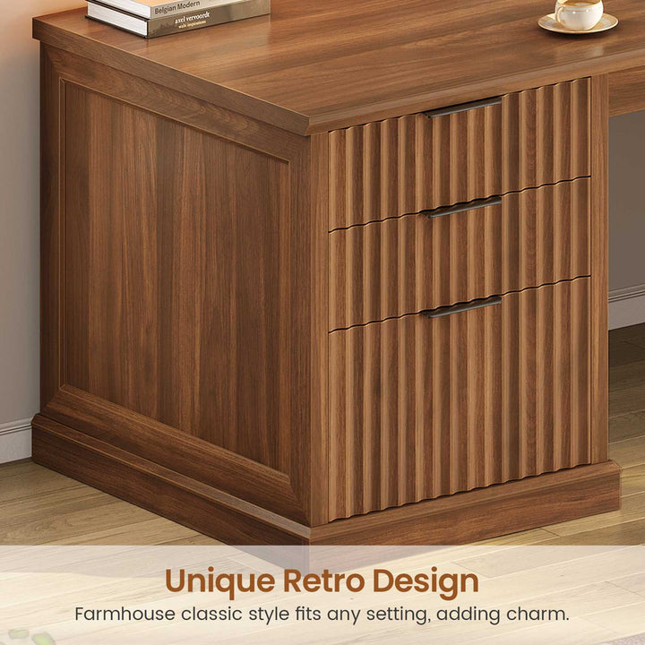 SEDETA 110.3 Inch Fluted Two Person Desk with 7 Drawers Fluted Long Computer Desk with Storage Cabinet 2 Person Desk with Power Outlets