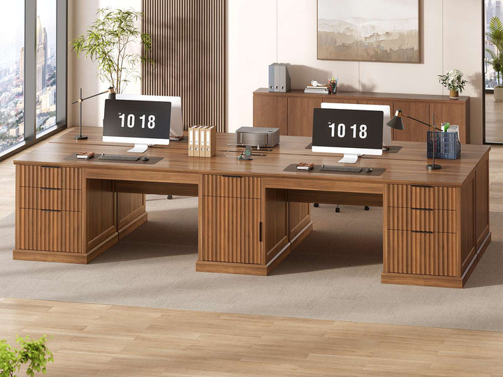 SEDETA 110.3 Inch Fluted Two Person Desk with 7 Drawers Fluted Long Computer Desk with Storage Cabinet 2 Person Desk with Power Outlets