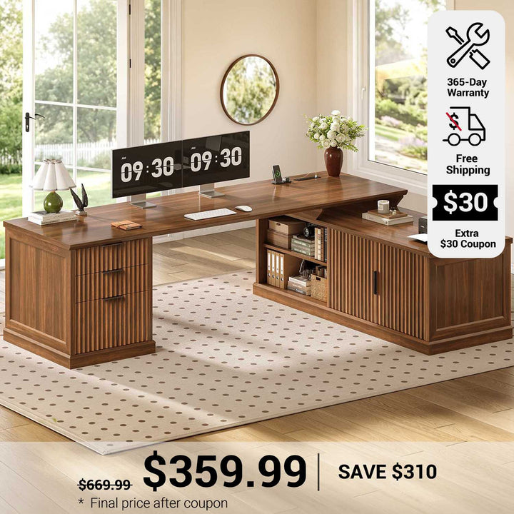 SEDETA 70.9 Inch Fluted L Shaped Desk with Drawers Fluted Home Office Desk with Storage Cabinet and Storage Shelves L Shaped Computer Desk with Power Outlet