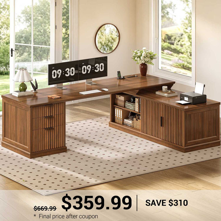 SEDETA 70.9 Inch Fluted L Shaped Desk with Drawers Fluted Home Office Desk with Storage Cabinet and Storage Shelves L Shaped Computer Desk with Power Outlet
