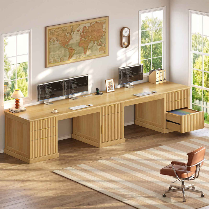 SEDETA 110.3 Inch Fluted Two Person Desk with 7 Drawers Fluted Long Computer Desk with Storage Cabinet 2 Person Desk with Power Outlets