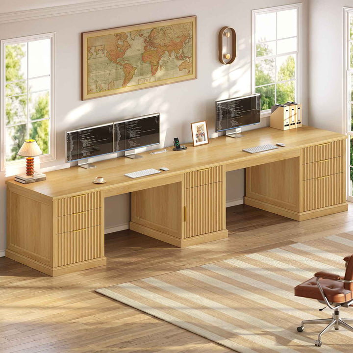 SEDETA 110.3 Inch Fluted Two Person Desk with 7 Drawers Fluted Long Computer Desk with Storage Cabinet 2 Person Desk with Power Outlets