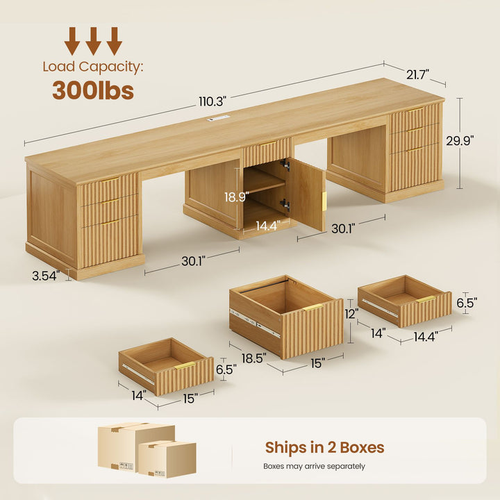 SEDETA 110.3 Inch Fluted Two Person Desk with 7 Drawers Fluted Long Computer Desk with Storage Cabinet 2 Person Desk with Power Outlets