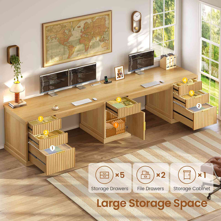 SEDETA 110.3 Inch Fluted Two Person Desk with 7 Drawers Fluted Long Computer Desk with Storage Cabinet 2 Person Desk with Power Outlets