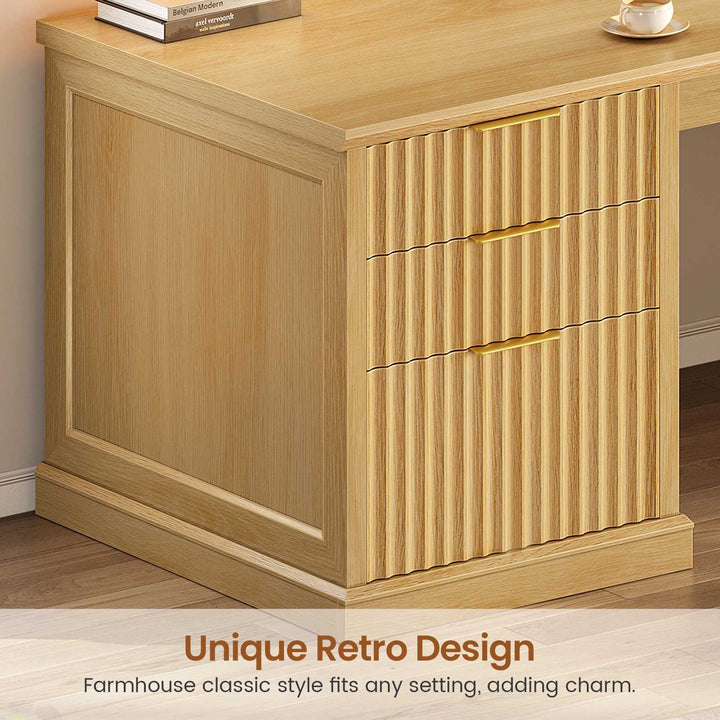 SEDETA 110.3 Inch Fluted Two Person Desk with 7 Drawers Fluted Long Computer Desk with Storage Cabinet 2 Person Desk with Power Outlets