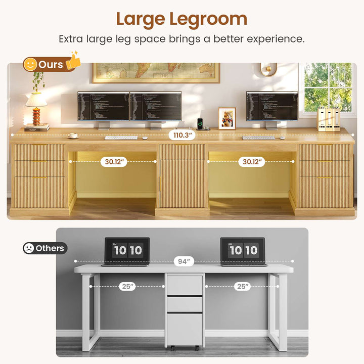 SEDETA 110.3 Inch Fluted Two Person Desk with 7 Drawers Fluted Long Computer Desk with Storage Cabinet 2 Person Desk with Power Outlets