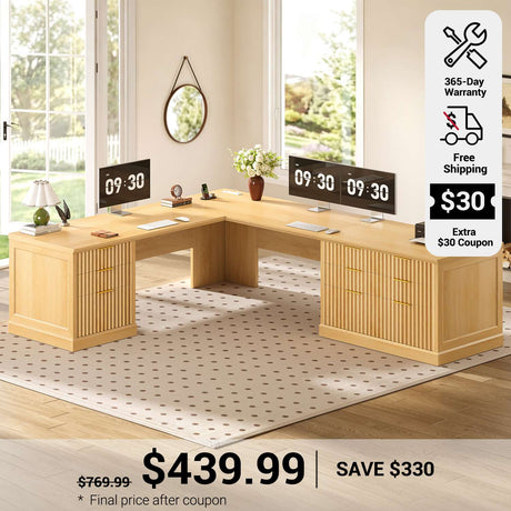 SEDETA 78.8 Inch Fluted L Shaped Desk with 6 Drawers Fluted Brown Home Office Desk with Power Outlet File Cabinet Storage Wood Corner Computer Desk for Work and Study