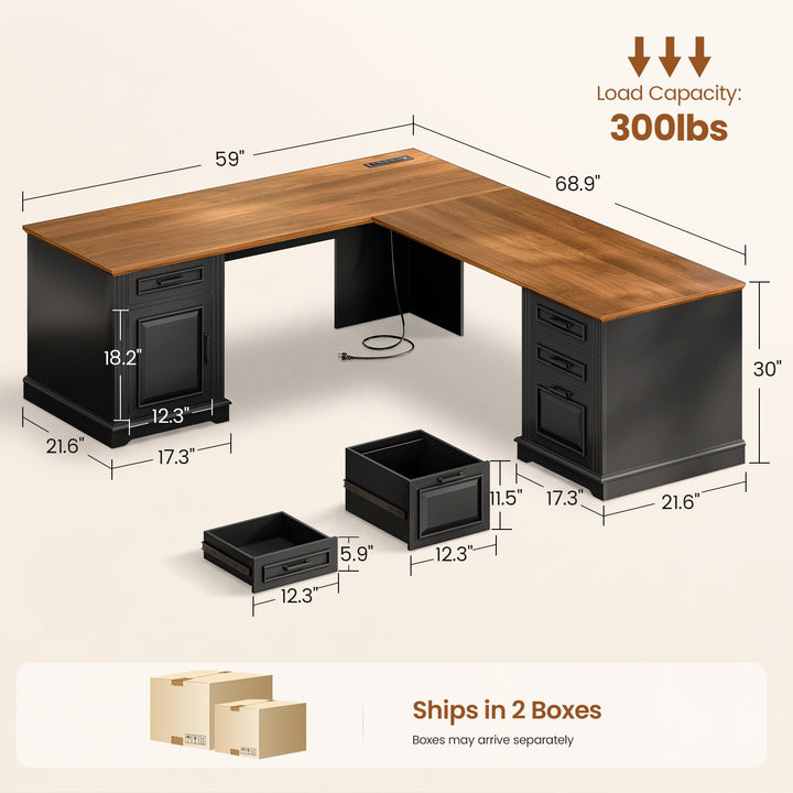 SEDETA 69 Inch Executive L Shaped Computer Desk with Drawers and Storage Cabinet Power Outlets Classical American Style
