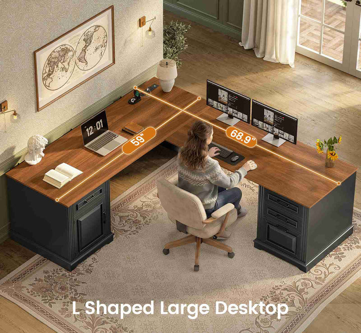 SEDETA 69 Inch Executive L Shaped Computer Desk with Drawers and Storage Cabinet Power Outlets Classical American Style