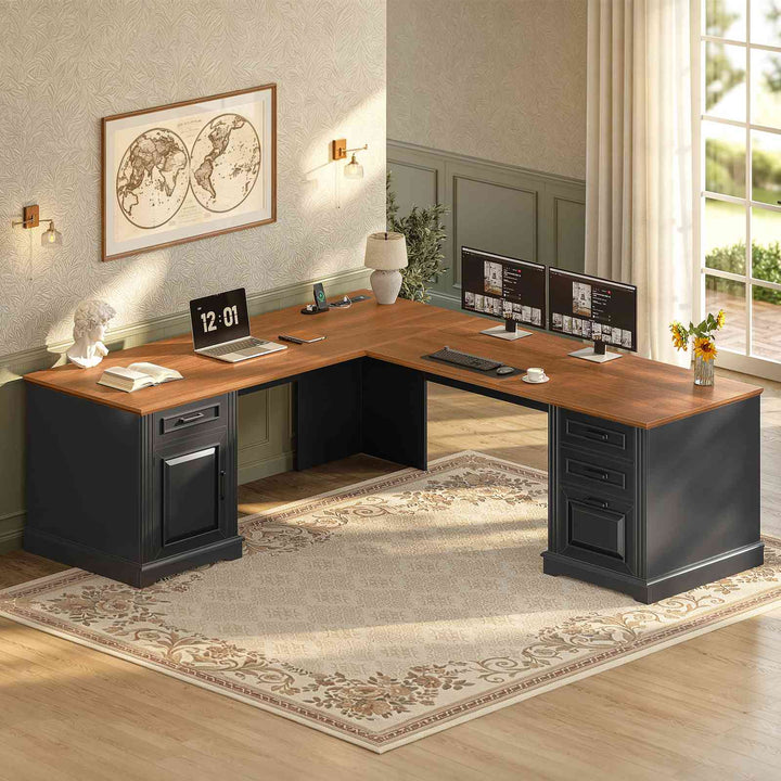 SEDETA 69 Inch Executive L Shaped Computer Desk with Drawers and Storage Cabinet Power Outlets Classical American Style