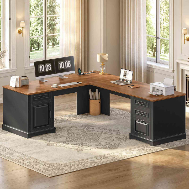 SEDETA 69 Inch Executive L Shaped Computer Desk with Drawers and Storage Cabinet Power Outlets Classical American Style