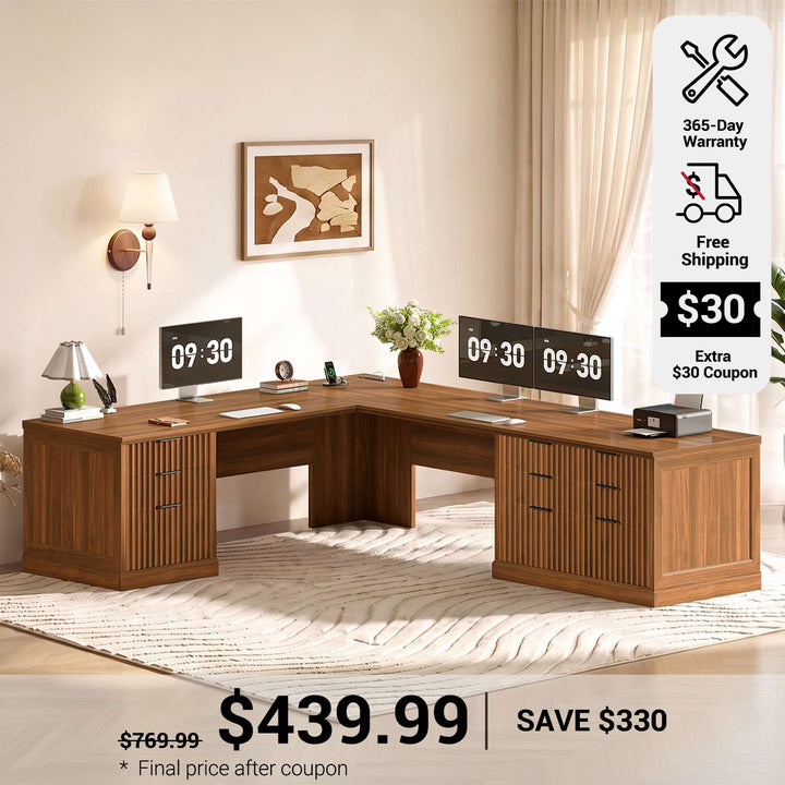 SEDETA 78.8 Inch Fluted L Shaped Desk with 6 Drawers Fluted Brown Home Office Desk with Power Outlet File Cabinet Storage Wood Corner Computer Desk for Work and Study