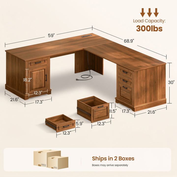 SEDETA 69 Inch Executive L Shaped Computer Desk with Drawers and Storage Cabinet Power Outlets Classical American Style