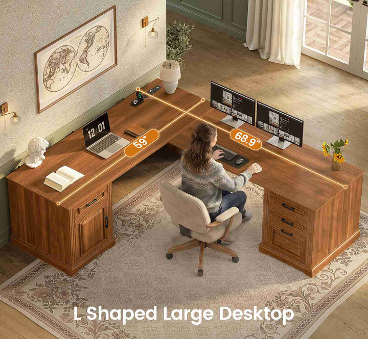 SEDETA 69 Inch Executive L Shaped Computer Desk with Drawers and Storage Cabinet Power Outlets Classical American Style