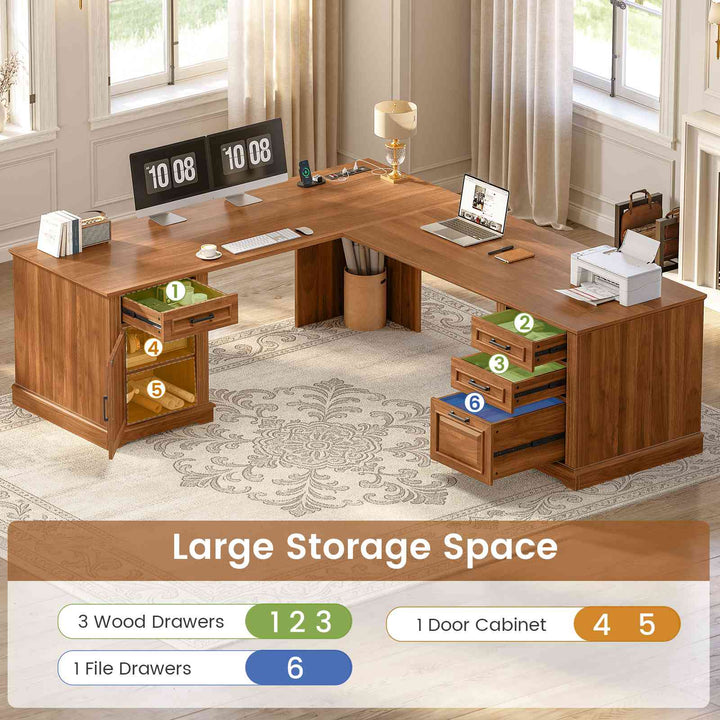 SEDETA 69 Inch Executive L Shaped Computer Desk with Drawers and Storage Cabinet Power Outlets Classical American Style