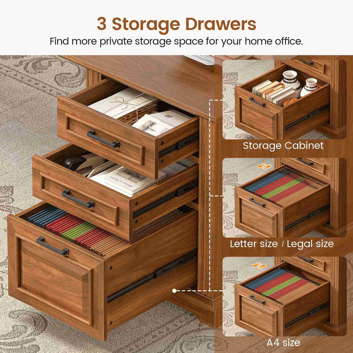 SEDETA 69 Inch Executive L Shaped Computer Desk with Drawers and Storage Cabinet Power Outlets Classical American Style