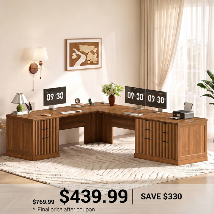 SEDETA 78.8 Inch Fluted L Shaped Desk with 6 Drawers Fluted Brown Home Office Desk with Power Outlet File Cabinet Storage Wood Corner Computer Desk for Work and Study