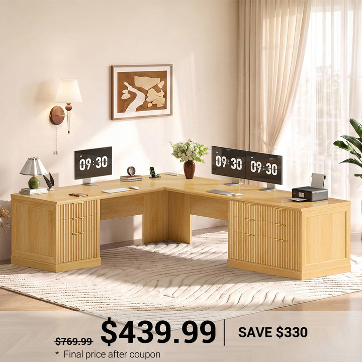 SEDETA 78.8 Inch Fluted L Shaped Desk with 6 Drawers Fluted Brown Home Office Desk with Power Outlet File Cabinet Storage Wood Corner Computer Desk for Work and Study