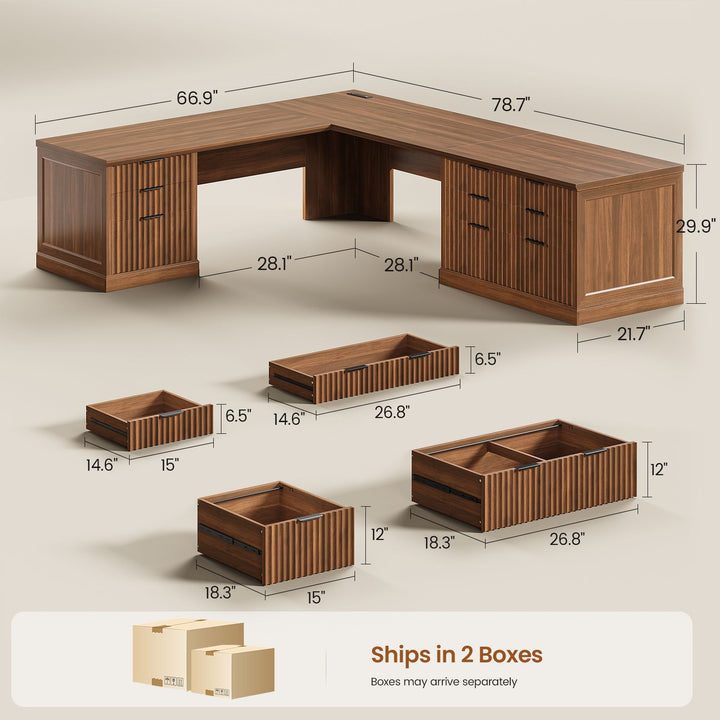 SEDETA 78.8 Inch Fluted L Shaped Desk with 6 Drawers Fluted Brown Home Office Desk with Power Outlet File Cabinet Storage Wood Corner Computer Desk for Work and Study