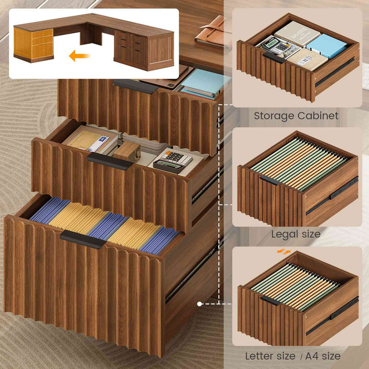 SEDETA 78.8 Inch Fluted L Shaped Desk with 6 Drawers Fluted Brown Home Office Desk with Power Outlet File Cabinet Storage Wood Corner Computer Desk for Work and Study