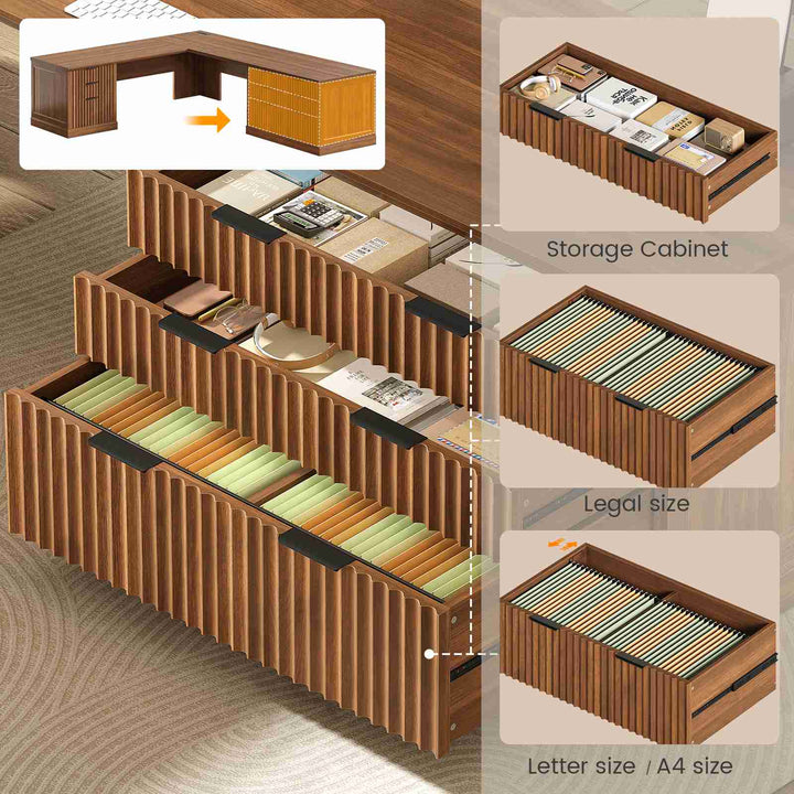 SEDETA 78.8 Inch Fluted L Shaped Desk with 6 Drawers Fluted Brown Home Office Desk with Power Outlet File Cabinet Storage Wood Corner Computer Desk for Work and Study
