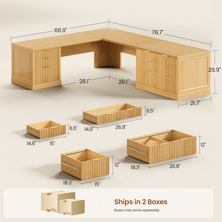 SEDETA 78.8 Inch Fluted L Shaped Desk with 6 Drawers Fluted Brown Home Office Desk with Power Outlet File Cabinet Storage Wood Corner Computer Desk for Work and Study