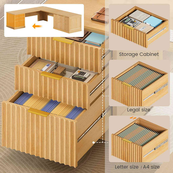 SEDETA 78.8 Inch Fluted L Shaped Desk with 6 Drawers Fluted Brown Home Office Desk with Power Outlet File Cabinet Storage Wood Corner Computer Desk for Work and Study