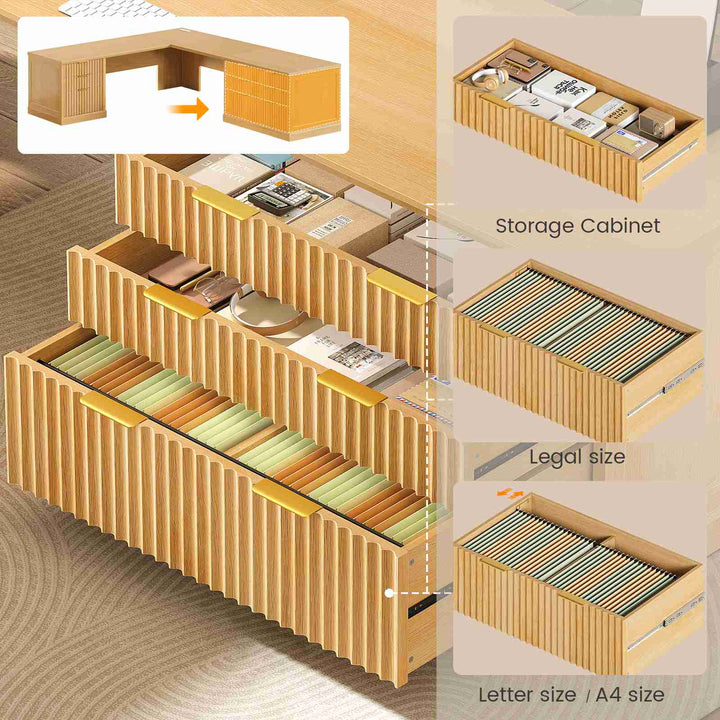SEDETA 78.8 Inch Fluted L Shaped Desk with 6 Drawers Fluted Brown Home Office Desk with Power Outlet File Cabinet Storage Wood Corner Computer Desk for Work and Study