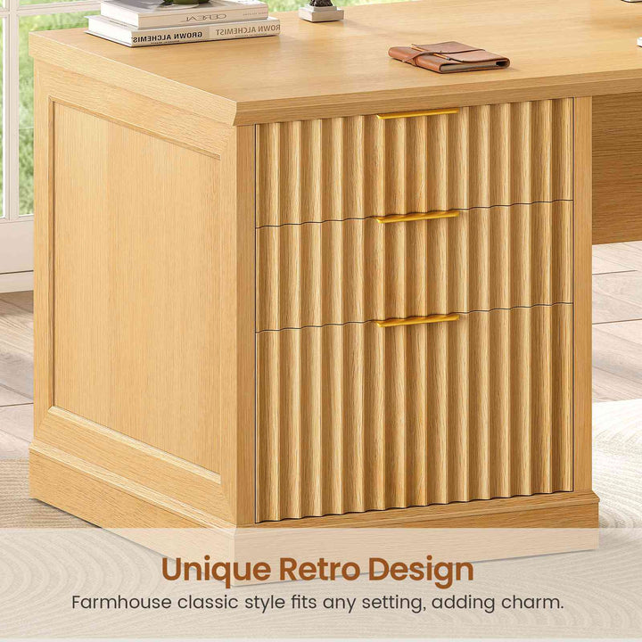 SEDETA 78.8 Inch Fluted L Shaped Desk with 6 Drawers Fluted Brown Home Office Desk with Power Outlet File Cabinet Storage Wood Corner Computer Desk for Work and Study