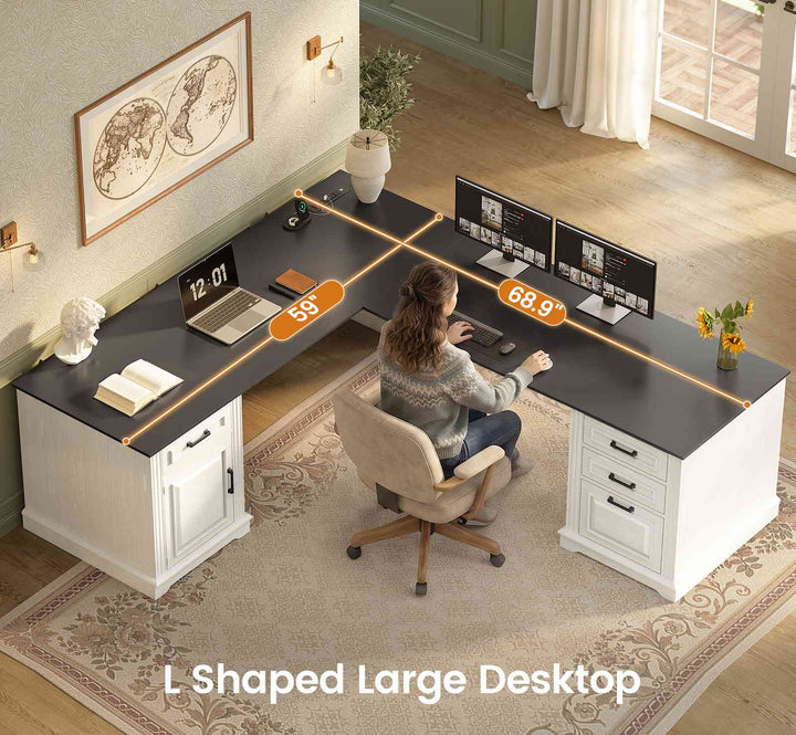 SEDETA 69 Inch Executive L Shaped Computer Desk with Drawers and Storage Cabinet Power Outlets Classical American Style