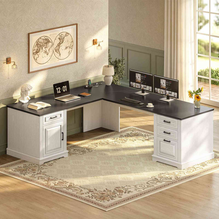 SEDETA 69 Inch Executive L Shaped Computer Desk with Drawers and Storage Cabinet Power Outlets Classical American Style