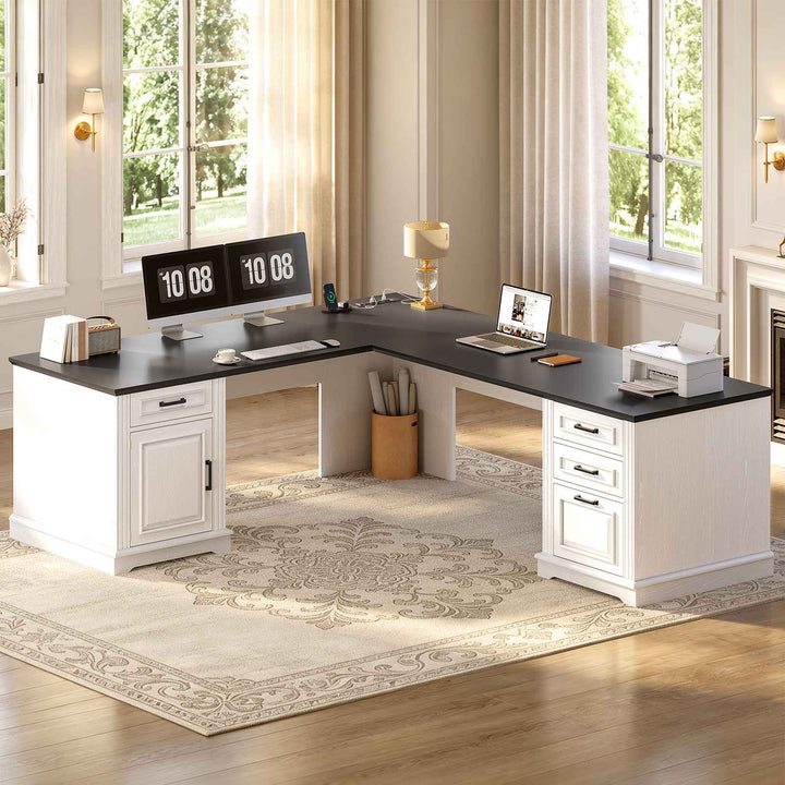 SEDETA 69 Inch Executive L Shaped Computer Desk with Drawers and Storage Cabinet Power Outlets Classical American Style