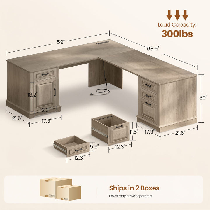 SEDETA 69 Inch Executive L Shaped Computer Desk with Drawers and Storage Cabinet Power Outlets Classical American Style