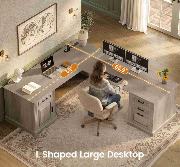 SEDETA 69 Inch Executive L Shaped Computer Desk with Drawers and Storage Cabinet Power Outlets Classical American Style