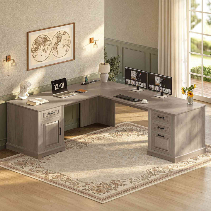 SEDETA 69 Inch Executive L Shaped Computer Desk with Drawers and Storage Cabinet Power Outlets Classical American Style