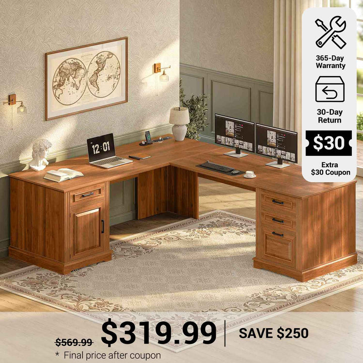 SEDETA 69 Inch Executive L Shaped Computer Desk with Drawers and Storage Cabinet Power Outlets Classical American Style