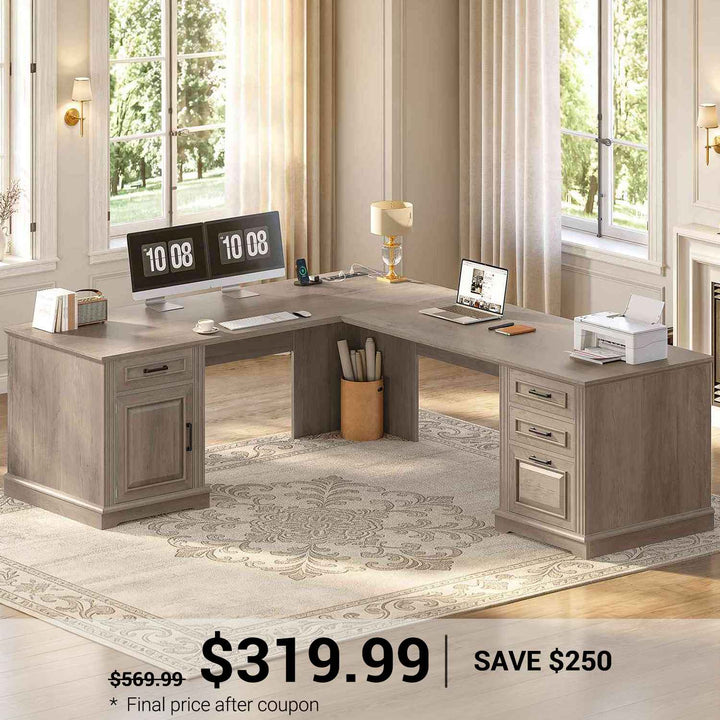 SEDETA 69 Inch Executive L Shaped Computer Desk with Drawers and Storage Cabinet Power Outlets Classical American Style