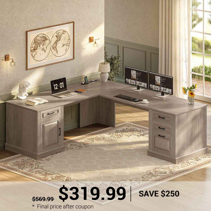 SEDETA 69 Inch Executive L Shaped Computer Desk with Drawers and Storage Cabinet Power Outlets Classical American Style