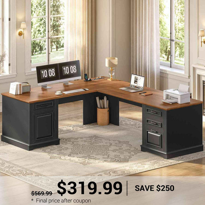 SEDETA 69 Inch Executive L Shaped Computer Desk with Drawers and Storage Cabinet Power Outlets Classical American Style