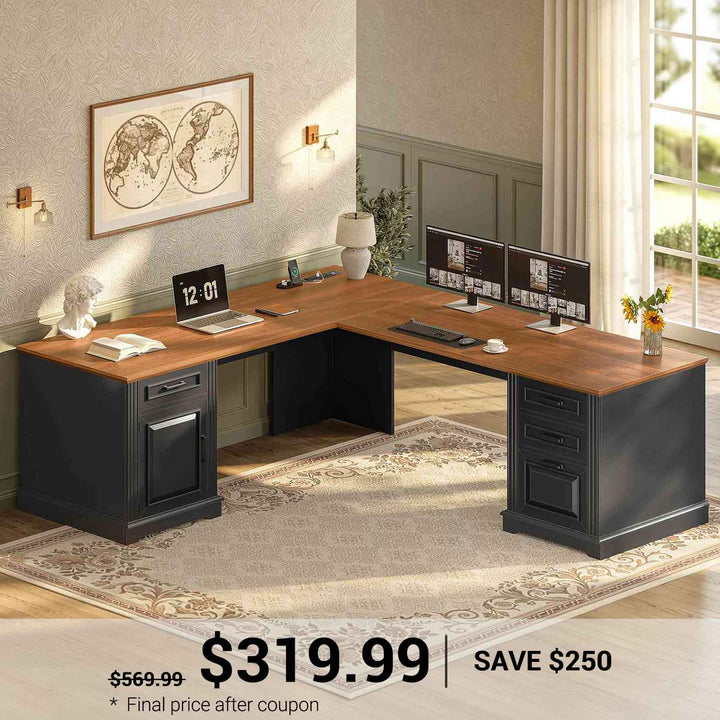 SEDETA 69 Inch Executive L Shaped Computer Desk with Drawers and Storage Cabinet Power Outlets Classical American Style