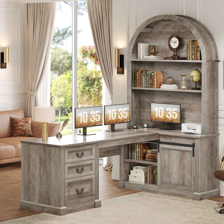SEDETA 67 Inch Mid-Century Office Computer Desk L Shaped Desk with Tall Arched Bookshelf 3 Drawers  Storage Shelves Sliding Barn Door Power Outlets for Home Office
